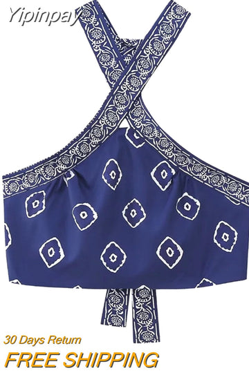 Yipinpay 2023 Print Halter Top Female Off Shoulder Crop Tops For Women Boho Sleeveless Backless Top Beach Summer Sexy Tops Woman